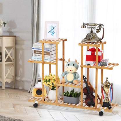 Bamboo Plant Stand Rack with Wheels 4 Tier Indoor&Outdoor Rolling Plant Flower Pots Holder Shelf Planter Display Shelving Unit for Patio Garden, Living Room, Corner Balcony and Bedroom (13 Flowerpots)