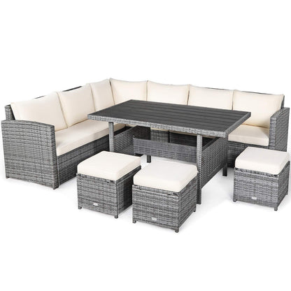 Tangkula 7 Pieces Patio Furniture Set, Outdoor Sectional Rattan Dining Sofa Set with Cushions, All Weather Wicker Conversation Couch Set with Dining Table & Ottomans for Yard Garden Poolside, White