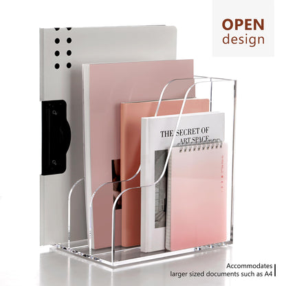 SANRUI Acrylic File Organizer, Compact Desk Organizer for Folders, Binders, Notebooks, Envelopes, Clear Magazine File Holder, 3 Section Bookshelf for School Home Office Organization, A4 Size