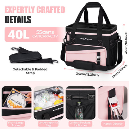 INSMEER Soft Cooler Bag with Hard Shell & 4 Cup Holders, 55 Cans 40L Collapsible Soft Sided Cooler, 100% Leakproof Insulated Cooler Bag Portable for Beach Travel Camping Picnic