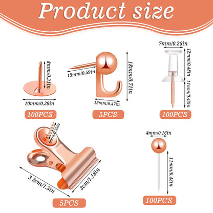 310 Pcs Rose Gold Push Pins Set, Thumb Tacks Decorative Push Pins for Cork Board with Push Pin Hook Pushpin Clip 5 Style Office Accessories for Cork Board Map Office (Rose Gold)