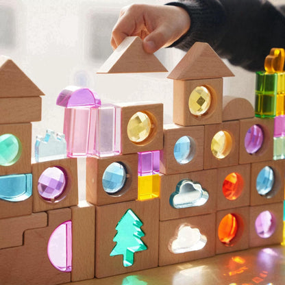 KOAICS 45PCS Wooden Acrylic Building Blocks Set with Tray, Include Colorful Acrylic Shapes Stars,Sun,Clouds, Trees, Heart, Educational Construction Toy for Kids (Farm House)
