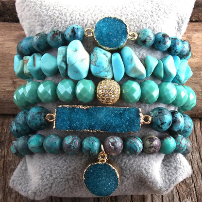 Yomisa 5PCS Natural Boho Beaded Bracelets for Women Men,Healing Turquoise Jasper Agate Crystal Gemstone Stone Diamond Chakra Multilayer Wrap Bohemian Handmade Jewelry Beads Stretch Bracelet Set