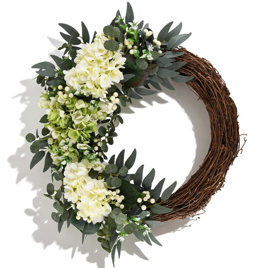 Covanm Spring Flower Wreath for Front Door, 20 Inch Hydrangea Door Wreath with White Berries, Summer Eucalyptus Wreaths for Front Door Outside All Season, Farmhouse, Indoor Outdoor Wall Decor