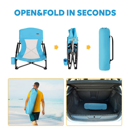 TOBTOS Low Beach Chair for Adults 2 Pack, Low Profile Folding with Cup Holder & Carry Bag, Heavy Duty Chair for Outdoor Sand, Camping, Concert, Travel