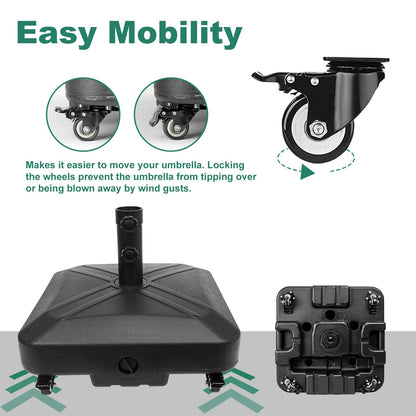 RAOKUKH Patio Umbrella Base Heavy Duty with Wheels Square Market Stand for Outdoor 4 Locks 2 Knobs 125lb Capacity, Black