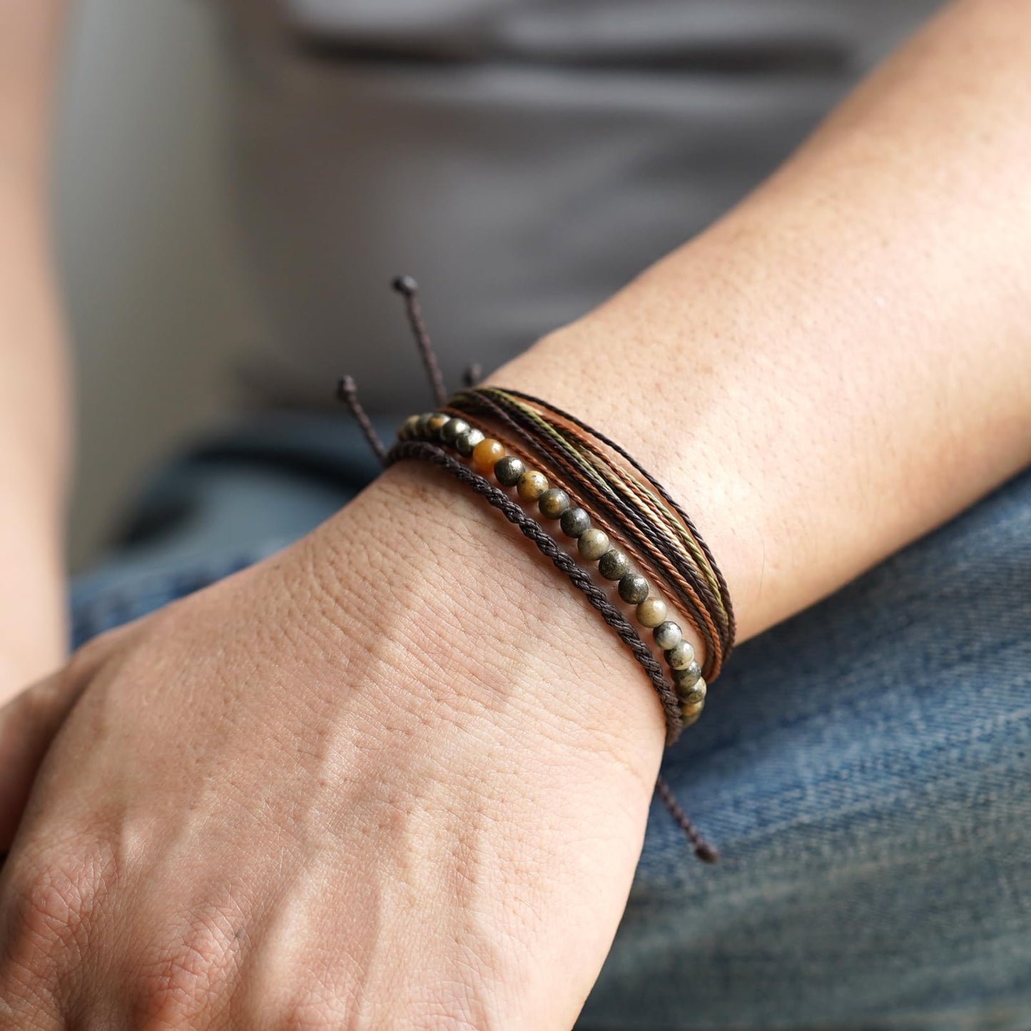 Handmade Natural Stone Beaded Healing Bracelet Gift for Men Adjustable Rope String Bracelet (Pyrite associated with brown quartz ore)