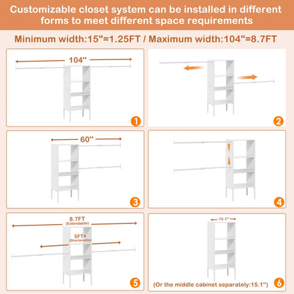 Small Closet System with Shelves, 5FT-8FT Closet Organizer System, Wooden Shelves for Closet with 2 Hanging Rods, Walk-in Closet Organizer, Adjustable Wardrobe Clothes Rack, Garment Rack, Pure White