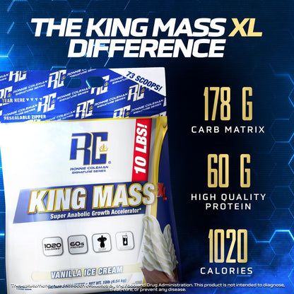 Ronnie Coleman Signature Series King Mass XL Mass Gainer Protein Powder – Dark Chocolate Weight Gainer with 60g Protein, 180g Carbohydrates, 1,000+ Calories, Creatine & Glutamine – 10 Pound