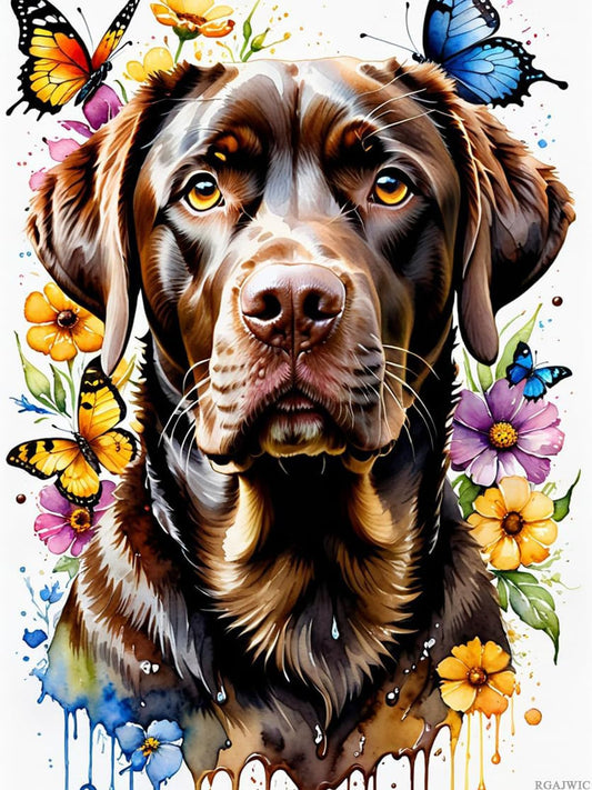 Chocolate lab DIY 5D Diamond Painting Kit, Floral Watercolor Diamond Crystal Gemstone Artistic Painting, Animals Full Diamond Round Diamond, Home Wall Decoration 12x16 inch