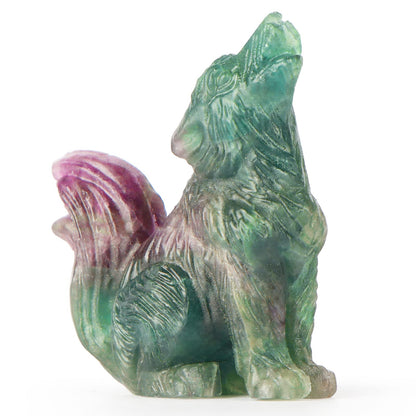 LEADGEM 2" Crystal Wolf Statue Decor Rainbow Fluorite Crystal Big Tail Wolf Figurine Healing Stones Statue Carved Wolve Sculpture Ornaments Wolves Figure with Gift Box