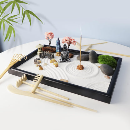 YUNGCHI Zen Garden for Desk Mini Japanese Sand Desktop Office Miniature Zen Garden Box with Kit 11.8 X 7.9 in