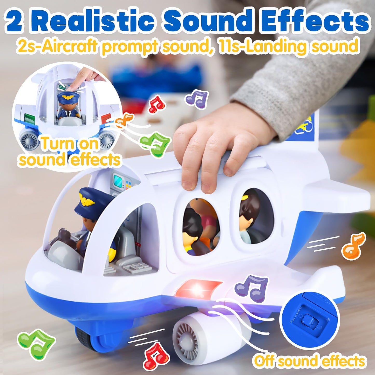 PLAY Airplane Toy for Kids - Toddler Airplane Toys Travel Plane Toys for Kids 2+ Years Old with Small Figures & Baggage Carrier, Musical Toy Airplane with Lights for Boys Girls Gifts Birthday (Blue)