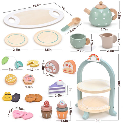 Atoylink Wooden Tea Party Set for Little Girls 28 Pcs Toddler Tea Set with Cupcake Stand & Food Pretend Play Accessories Kids Kitchen Playset Wooden Toys for 2 3 4 5 6 Year Old Girl Birthday Gift