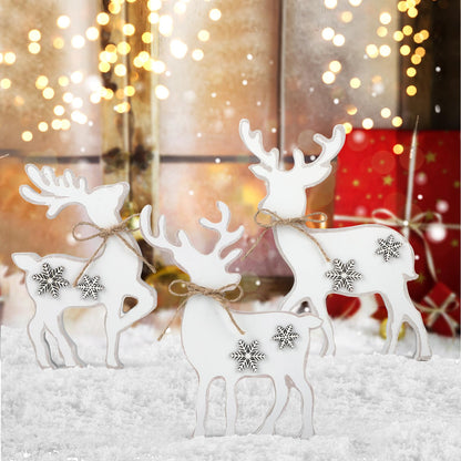 3Pcs Cute Christmas Tiered Tray Decor Indoor, Wooden Farmhouse Reindeer Christmas Tabletop Decorations Xmas Centerpiece, Rustic Reindeer Sign Standing Elk Decor for Home Shelf (White)