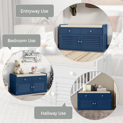 WARMHONIU Shoe Storage Bench with 2 Drawers, Entryway Bench with Cushion, Adjustable Shelves, Shoe Rack Bench with Louvered Doors for Entryway, Bedroom, Hallway, Blue
