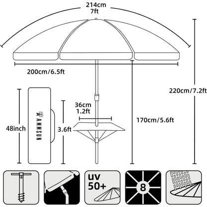 AMMSUN 7ft Heavy Duty High Wind Beach Umbrella with sand anchor, Built-in Table Tray & Tilt Pole, UPF 50+ Windproof Portable Outdoor Umbrellas Carry Bag for Patio Garden Pool Backyard stripe (Haute