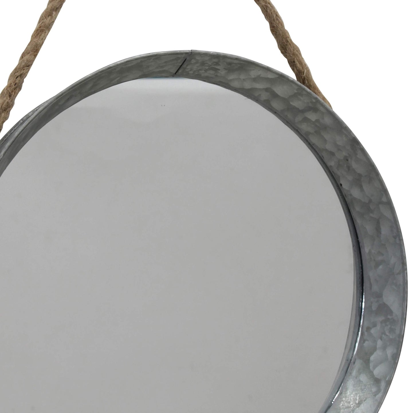 Stonebriar Rustic Round Galvanized Metal Mirror with Rope Hanging Loop ; Farmhouse Home Decor ; For Bathroom, Bedroom, and Living Room, 11.9", Grey