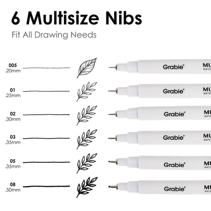 Grabie Micro Finerliner Pens, 6 Archival Black Ink Waterproof Drawing Pens, Assorted Point Sizes for Sketching, Illustration, Journaling, Art Supplies