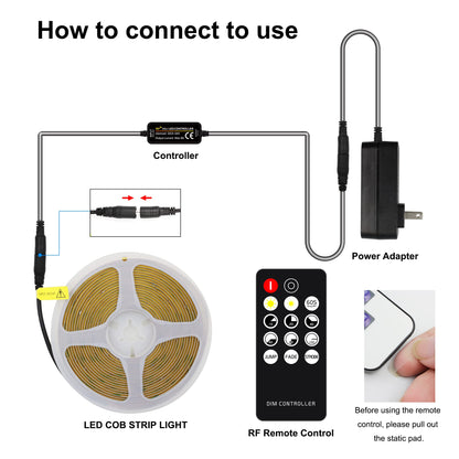 AXMOTUT COB LED Strip Light Warm White, High Bright LED Strips with 2400LEDs, RF Remote and UL Power Supply, 3000K Dimmable LED Lights for Bedroom, Kitchen, DIY Home Decoration