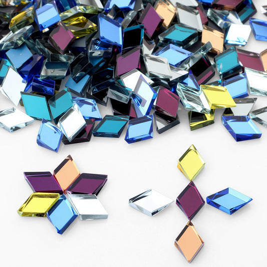 Vicenpal 300 Pcs Mosaic Tiles for Crafts Bulk Small Glass Mirror Colorful Diamond Shape Pieces Mini Mosaic Rhombus Tiles for DIY Pool Wall Door Home Art Decorations