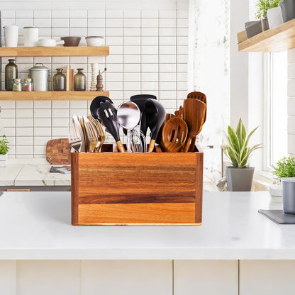 Wooden Utensil Holder for Kitchen Counter or Wall, Large Utensil Holder with 3 Compartment, Acacia Wood Kitchen Utensil Organizer for Storage Spoons & Spatulas, Fall Farmhouse Utensil Crock Container