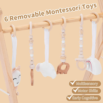 Foldable Wooden Baby Play Gym, Activity Center with 6 Sensory Hanging Toys Natural Wood Montessori Toys for Babies Indoor Gym, No-Tool Assembly Newborn for Infant Motor Development