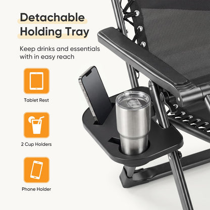 NEWBULIG Zero Gravity Chair, Folding Patio Recliner with Removable Cushion & Cup Holder Trays, Portable Lounge Chair for Beach & Camping, Classic Black