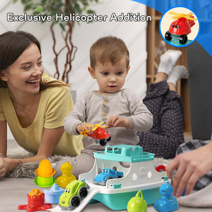 uToyz Ferry Boat Kids Bath Toy Set – 17 Pcs Toddler Pool Toys with Stacking Cups, Toy Ferry Boat, Train, 2 Cars & A Helicopter Addition for Fun Water Play, Toddler Bath Toys for 1 Year Old & Up