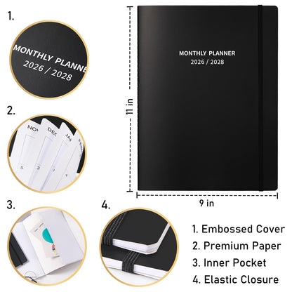 2026-2028 Monthly Planner/Calendar - 2 Year Calendar 2026-2028, Jul. 2026 - Jun. 2028, 9'' × 11'', 24 Months Planner with Embossed Cover, Inner Pocket, Premium Paper, Elastic Closure