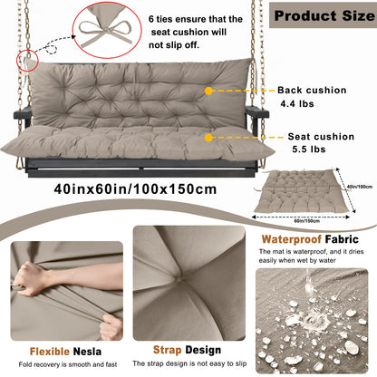 HIYEN Porch Swing Cushions 3 Seater Replacement, Waterproof Bench Cushions for Outdoor Furniture with Backrest, 4" Thickened Patio Swing Cushion with Ties (Khaki, 60 * 40 inch)