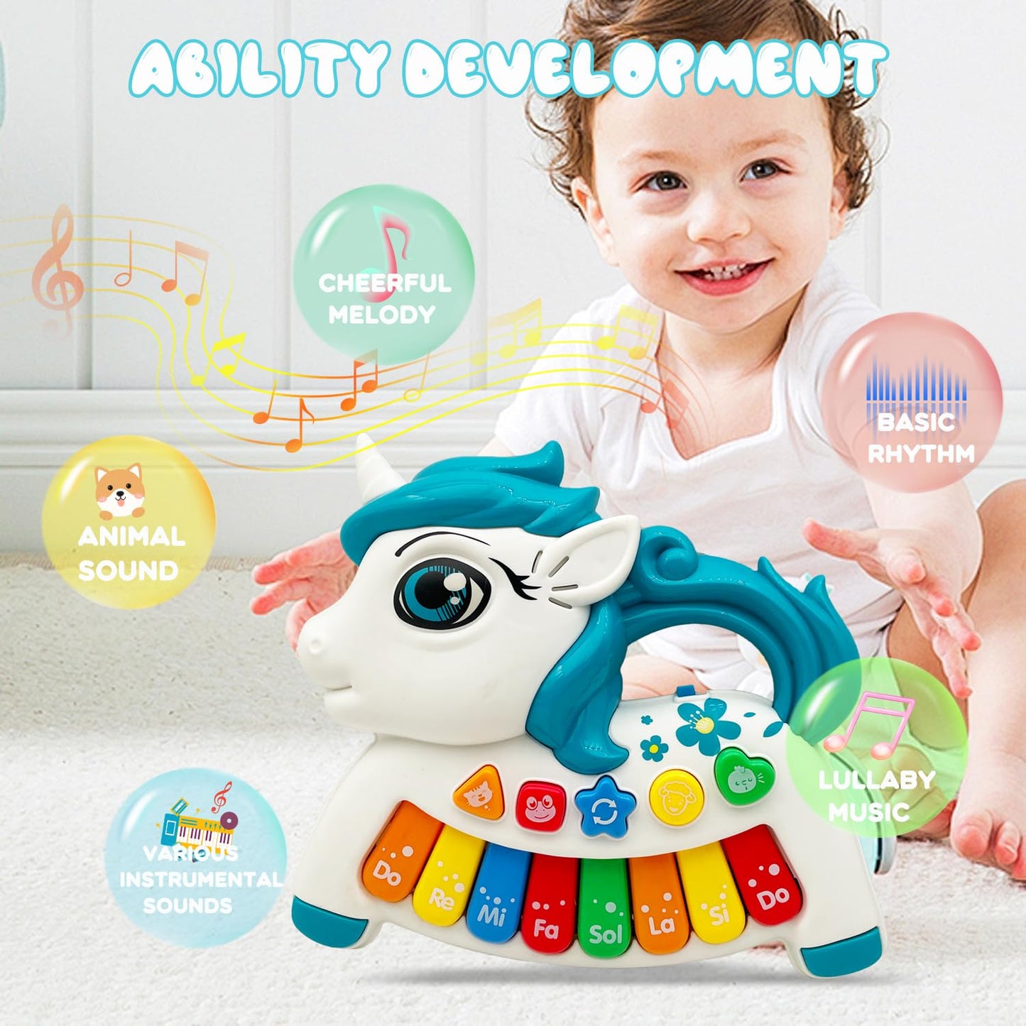 Baby Music Toys for Toddlers, Light Up Music Baby Toys for 18+ Months Early Learning Educational Piano Keyboard Infant Toys Baby Boy Girl Gifts (Unicorn-Blue)