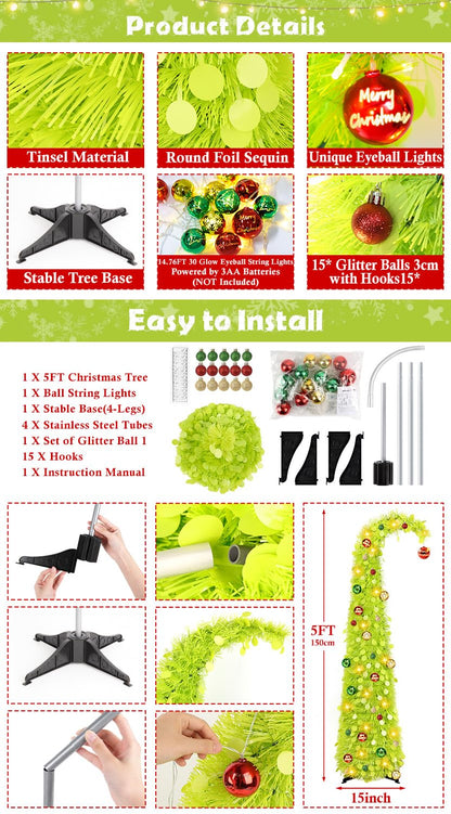 MACTING Whimsical Christmas Tree with Ball String Lights 5FT Green Pop Up Curved Tree with 15 Ball Lights & Hanging Ornaments Collapsible Tinsel Tree for Apartment Porch Indoor Xmas Halloween Decor