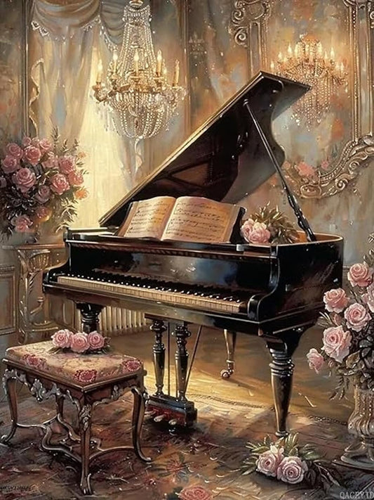 QACEYID Vintage Piano Adult Diamond Painting Kits, 5D Full Diamond Paintings Crystal Embroidery Canvas Art for Beginners, Home Decor Bedroom Decor, 12x16 inch Gifts