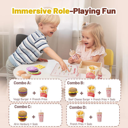 Smartwo Wooden Play Food for Kids Pretend Hamburger Set Fast Food Toy Play Kitchen Accessories for Toddlers Toy Food Gift for Boys Girls Educational Toys