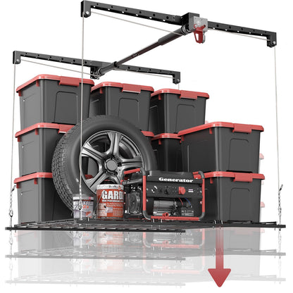 Overhead Garage Storage Rack for 10–12 FT Ceiling, Heavy-duty 4x4 FT Ceiling Storage Racks with Safety Lock, Ideal for Garage Storage Mounted Lift System and Storage Organizer, 250lbs Capacity