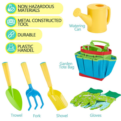 FITNATE Green Kids Garden Tools Set,6 PCS Garden Tools Including Watering Can, Shovel, Rake, Fork, Children Gardening Gloves and Garden Tote Bag, All in One Set