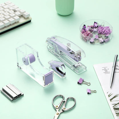 Office Supplies Set Desk Accessory Kit, Acrylic Stapler Set Staple Remover, Tape Dispenser, Binder Clips, Paper Clips, Ballpoint Pen and Scissor with 1000 Pieces 26/6 Staples (Purple)