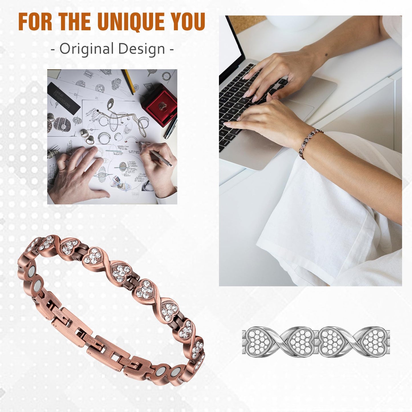 Jecanori Pure Copper Bracelets for Women, Heart Crystal Magnetic Bracelets for Women with 3800 Gauss Ultra Magnets and Sizing Tool