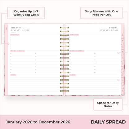 Blue Sky Rachel Parcell 2026 Daily and Monthly Planner Calendar, January 2026 - December 2026, 7" x 9", Hard Cover, Durable Twin Wire Binding, Laminated Tabs, Storage Pocket, Stickers, Peony
