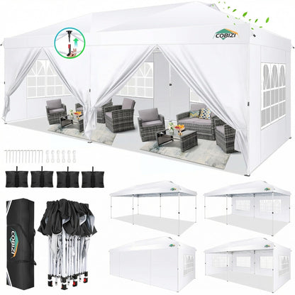 COBIZI 10x20 Pop Up Canopy Tent, One Push Easy Up Gazebo with 6 Removable Sidewalls & Air Vent, Waterproof UV50+ Commercial Canopy with 4 Sandbags, Stakes & Ropes for Parties/Camping/Backyard,White