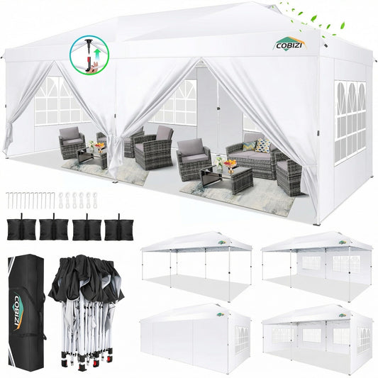 COBIZI 10x20 Pop Up Canopy Tent, One Push Easy Up Gazebo with 6 Removable Sidewalls & Air Vent, Waterproof UV50+ Commercial Canopy with 4 Sandbags, Stakes & Ropes for Parties/Camping/Backyard,White