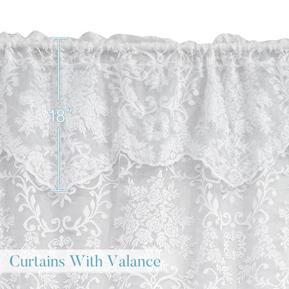 WUBODTI 84 Inch White Lace Curtains with Valances Attached 2 Panels, Floral Embroidered Semi Sheer Window Curtain Lace Tulle Rod Pocket Window Drapes with Valance for Living Room Bedroom Balcony