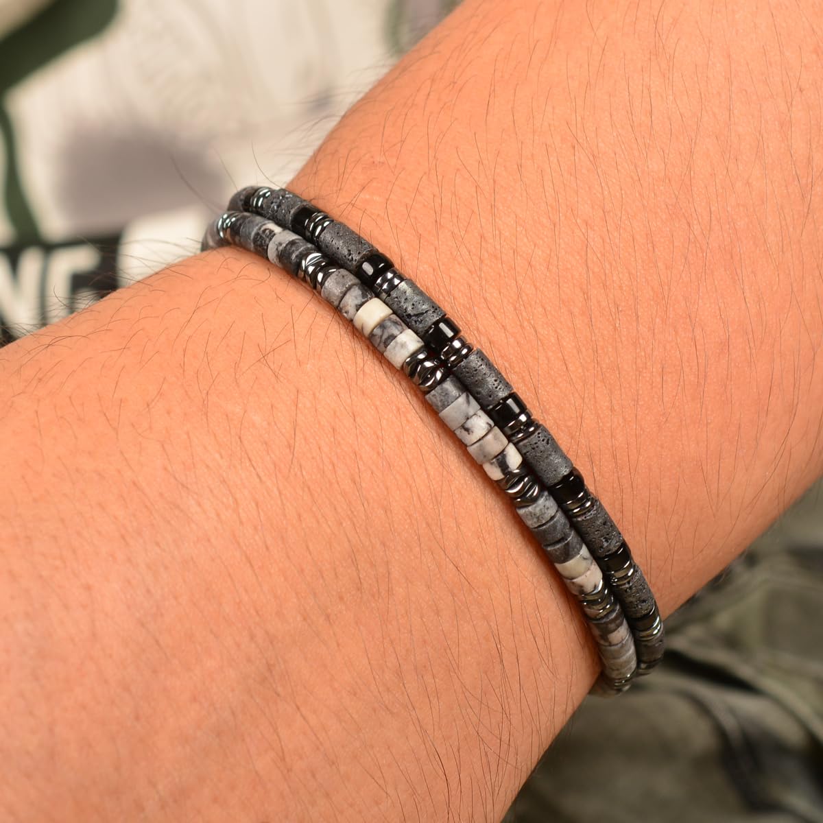 Casvia Men's Hematite & Black Grid Stone Beaded Bracelet, Adjustable Stainless Steel, Thickened Steel Wire Handmade Original Rugged Jewelry, Birthday Gift for Dad & Boyfriend