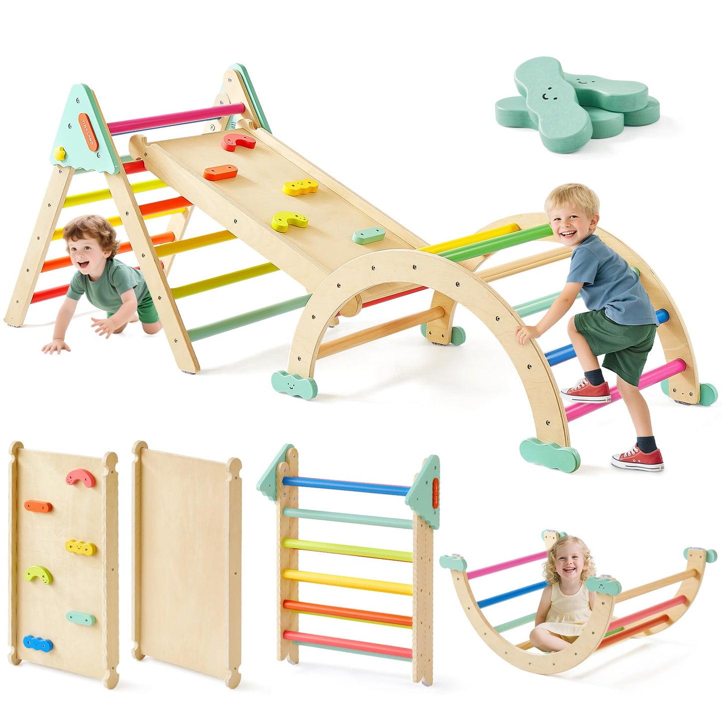 Tiny Land Pikler Triangle Set,7-in-1 Foldable Montessori Toddler Climbing Toys Indoor, Wooden Playground Jungle Gym for Kids, Climber Gift for Boys & Girls Toddler Climbing Toys (Rainbow)
