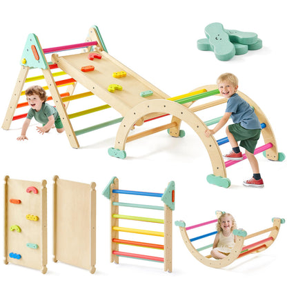 Tiny Land Pikler Triangle Set,7-in-1 Foldable Montessori Toddler Climbing Toys Indoor, Wooden Playground Jungle Gym for Kids, Climber Gift for Boys & Girls Toddler Climbing Toys (Rainbow)