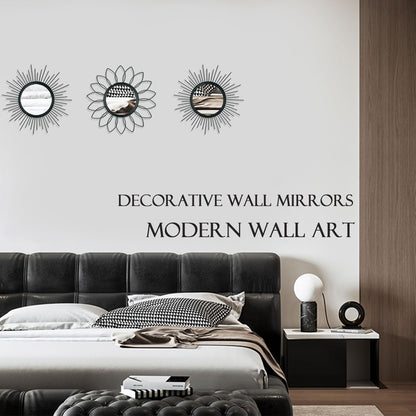 3 Pack Metal Mirrors for Wall Sunburst Wall Mirrors Home Décor Decorative Hanging Wall Art for Living Room Bedroom Entryway (Black, Flower+Sunburst)