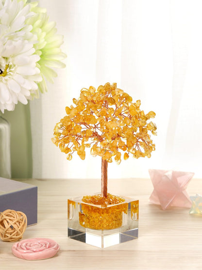 Jovivi Large Crystal Tree with Square Glass Base, Citrine Healing Crystals Tree Life Natural Chipped Gemstone Money Trees Feng Shui Good Luck Positive Energy Yellow Home Desk Decor