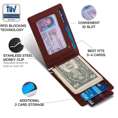 Slim Money Clip Wallets for Men RFID Blocking 8 Card Holder Minimalist Small Thin Carbon Leather Bifold Mens Front Pocket Wallet Gift Box(Canyon Red)