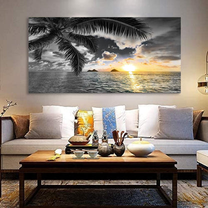 Bamdeya Wall Decor Living Room Black and White Beach Wall Art Sunset Seascape Pictures Palm Canvas Prints Art Wall Decor Bedroom Ocean Poster Painting for Home Office Decoration Scenery Artwork